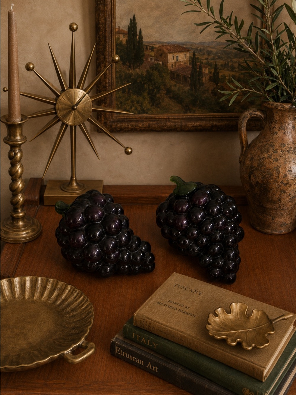 Vintage MCM Tuscan Italian Glass Grape Clusters Purple Fruit Decor Art